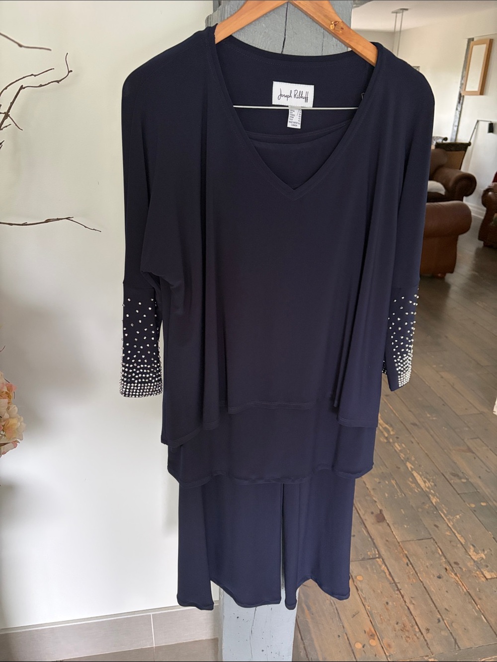 Joseph Ribkoff Navy Set with Embellished Cuffs PANTS SIZE 12 SHIRT SIZE 10
